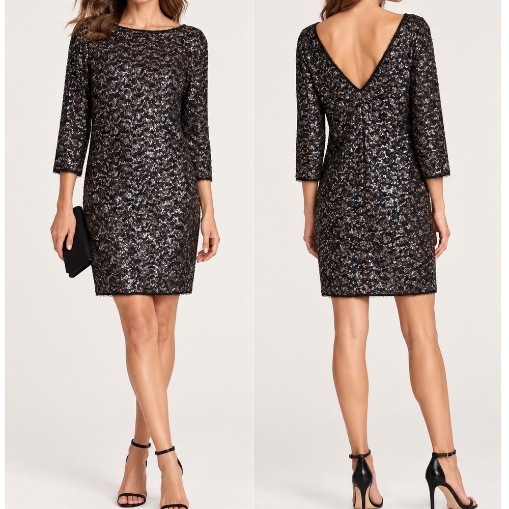 Zadig & Voltaire Deluxe Rousse Sequin V-Back Shift Dress Black Gold Silver M